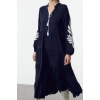 Women Fashion Stylish Midi Length Stand Collar Oversize Wide Cut Embroidered Woven Dress