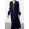 Women Fashion Stylish Midi Length Stand Collar Oversize Wide Cut Embroidered Woven Dress