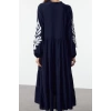 Women Fashion Stylish Midi Length Stand Collar Oversize Wide Cut Embroidered Woven Dress
