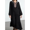 Women Fashion Stylish Midi Length V Neck Regular Wide Cut Embroidered Woven Dress