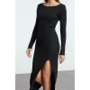 Women Fashion Stylish Midi Length Boat Neck Slim Plain Slit Fitted Bodycon Slit Knitted Dress