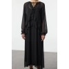 Women Fashion Stylish Maxi Length Crew Neck Relaxed Straight Cut Ruffle Chiffon Woven Dress