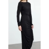 Women Fashion Stylish Midi Length Asymmetrical Collar Slim Fitted Elastic Knitted Dress with Drape Detail