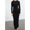 Women Fashion Stylish Midi Length Asymmetrical Collar Slim Fitted Elastic Knitted Dress with Drape Detail