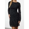 Women Fashion Stylish Mini Length Boat Neck Slim Flock Printed Bodycon Knitted Dress