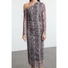 Women Fashion Stylish Maxi Length Asymmetrical Collar Slim Animal Leopard Printed Bodycon Stretchy Knit Dress