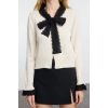 Women Fashion Stylish Crew Neck Standard Sleeve Crop Garter Detailed Color Block Knitwear Cardigan
