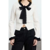 Women Fashion Stylish Crew Neck Standard Sleeve Crop Garter Detailed Color Block Knitwear Cardigan