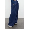 Kadın Moda Şık Kot Pantolon Geniş Paça Uzun Boy Denim Lacivert Pileli Yüksek Bel Jeans