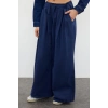 Kadın Moda Şık Kot Pantolon Geniş Paça Uzun Boy Denim Lacivert Pileli Yüksek Bel Jeans