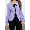 Women Fashion Stylish Crew Neck Low Sleeve Crop Double Sided Wearable Ribbon Tie Knitwear Sweater