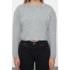 Kadın Moda Şık Bisiklet Yaka Standart Kol Regular Yumuşak Dokulu Crop Taşlı Triko Kazak