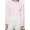 Kadın Moda Şık Bisiklet Yaka Standart Kol Regular Yumuşak Dokulu Crop Taşlı Triko Kazak