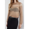 Kadın Moda Şık Bisiklet Yaka Standart Kol Regular Crop Transparan Geçişli Simli Triko Kazak