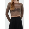 Kadın Moda Şık Bisiklet Yaka Standart Kol Regular Crop Transparan Geçişli Simli Triko Kazak