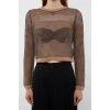 Kadın Moda Şık Bisiklet Yaka Standart Kol Regular Crop Transparan Geçişli Simli Triko Kazak