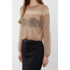 Kadın Moda Şık Bisiklet Yaka Standart Kol Regular Crop Transparan Geçişli Simli Triko Kazak
