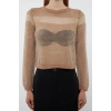 Kadın Moda Şık Bisiklet Yaka Standart Kol Regular Crop Transparan Geçişli Simli Triko Kazak
