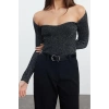 Women Fashion Stylish Heart Neck Standard Sleeve Regular Glittery Yarn Knitwear Sweater