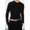 Women Fashion Stylish Crew Neck Standard Sleeve Regular Crop Soft Texture Stone Knitted Sweater