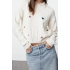 Womens Fashion Stylish Polo Collar Standard Sleeve Regular Soft Texture Rose Detailed Knitwear Sweater