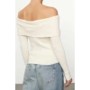 Women Fashion Stylish Carmen Collar Standard Sleeve Regular Ecru001 Color Block Knitwear Sweater