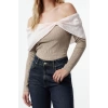 Women Fashion Stylish Carmen Collar Standard Sleeve Regular Ecru001 Color Block Knitwear Sweater