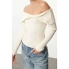 Women Fashion Stylish Carmen Collar Standard Sleeve Regular Ecru001 Color Block Knitwear Sweater