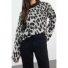 Kadın Moda Şık Bisiklet Yaka Standart Kol Regular Yumuşak Dokulu Leopar Desenli Triko Kazak