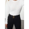 Kadın Moda Şık Bisiklet Yaka Standart Kol Regular İnce Transparan Görünümlü Triko Kazak