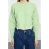Kadın Moda Şık Bisiklet Yaka Standart Kol Regular Crop Basic Balon Kol Triko Kazak