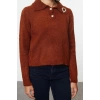 Womens Fashion Stylish Polo Collar Standard Sleeve Regular Soft Textured Bronch Detailed Knitwear Sweater