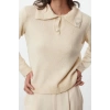Womens Fashion Stylish Polo Collar Standard Sleeve Regular Soft Textured Bronch Detailed Knitwear Sweater