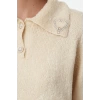 Womens Fashion Stylish Polo Collar Standard Sleeve Regular Soft Textured Bronch Detailed Knitwear Sweater