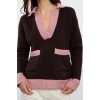 Women Fashion Stylish Polo Neck Standard Sleeve Regular Soft Texture Color Block Knitwear Sweater