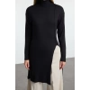 Women Fashion Stylish Crew Neck Standard Sleeve Long Premium Quality Slit Detailed Midi Length Knitwear Sweater