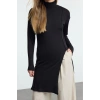 Women Fashion Stylish Crew Neck Standard Sleeve Long Premium Quality Slit Detailed Midi Length Knitwear Sweater
