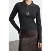 Women Fashion Stylish Polo Neck Standard Sleeve Regular Ribbed Knitwear Sweater
