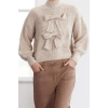 Womens Fashion Stylish Crew Neck Standard Sleeve Regular Wide Pattern Soft Textured Ribbon Knitwear Sweater