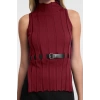 Women Fashion Stylish Stand Collar Standard Sleeve Regular Belted Knitwear Sweater