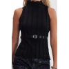 Women Fashion Stylish Stand Collar Standard Sleeve Regular Belted Knitwear Sweater