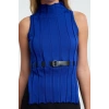 Women Fashion Stylish Stand Collar Standard Sleeve Regular Belted Knitwear Sweater