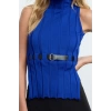 Women Fashion Stylish Stand Collar Standard Sleeve Regular Belted Knitwear Sweater