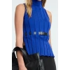 Women Fashion Stylish Stand Collar Standard Sleeve Regular Belted Knitwear Sweater