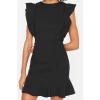 Women Fashion Stylish Mini Length Crew Neck Regular Body-Fitting Ruffle Detailed Woven Dress