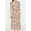 Women Fashion Stylish Midi Length Shirt Collar Regular Floral Pattern Belted Woven Viscose Shirt Dress