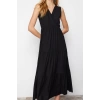 Kadın Moda Şık Maxi Boy Kruvaze Kloş Siyah V Yaka Kolsuz A-Line Örme Elbise