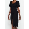 Women Fashion Stylish Midi Length Sweetheart Neck Regular Body-Sit Slit Back Detailed Woven Dress