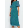 Womens Midi Length Crew Neck Regular Animal Patterned A Cut Angel Sleeve Lined Chiffon Woven Dress
