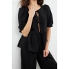 Womens Fashion Stylish Short Sleeve Textured Fabric Lacing Detailed Balloon Sleeve Woven Blouse-Pants Set
